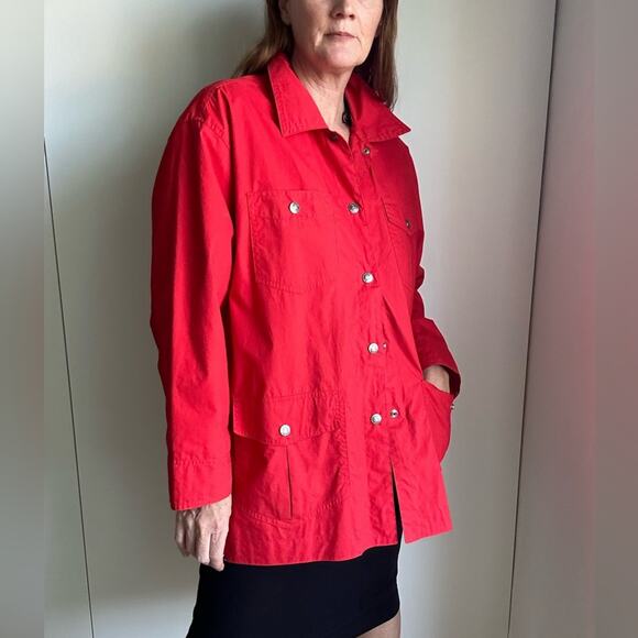 Vintage Womens Jacket Spring Chore Jacket Red Size Medium Oversized Snap - Picture 10 of 11